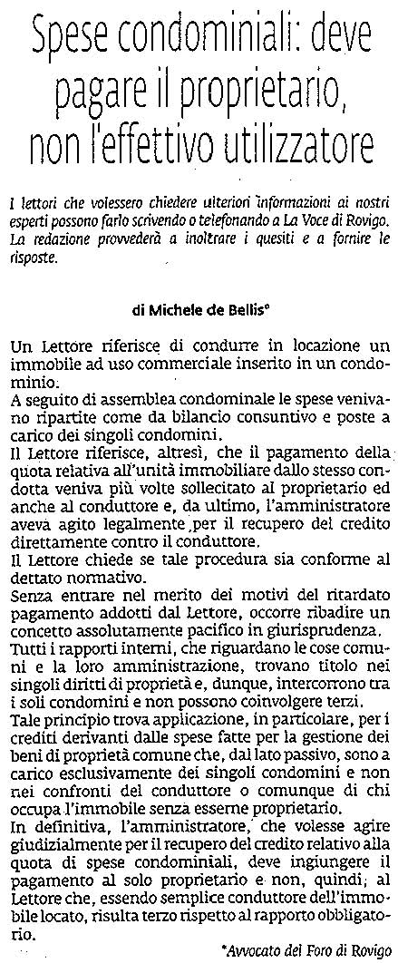 Spese condominiali: deve pagare il proprietario, non l’effettivo utilizzatore