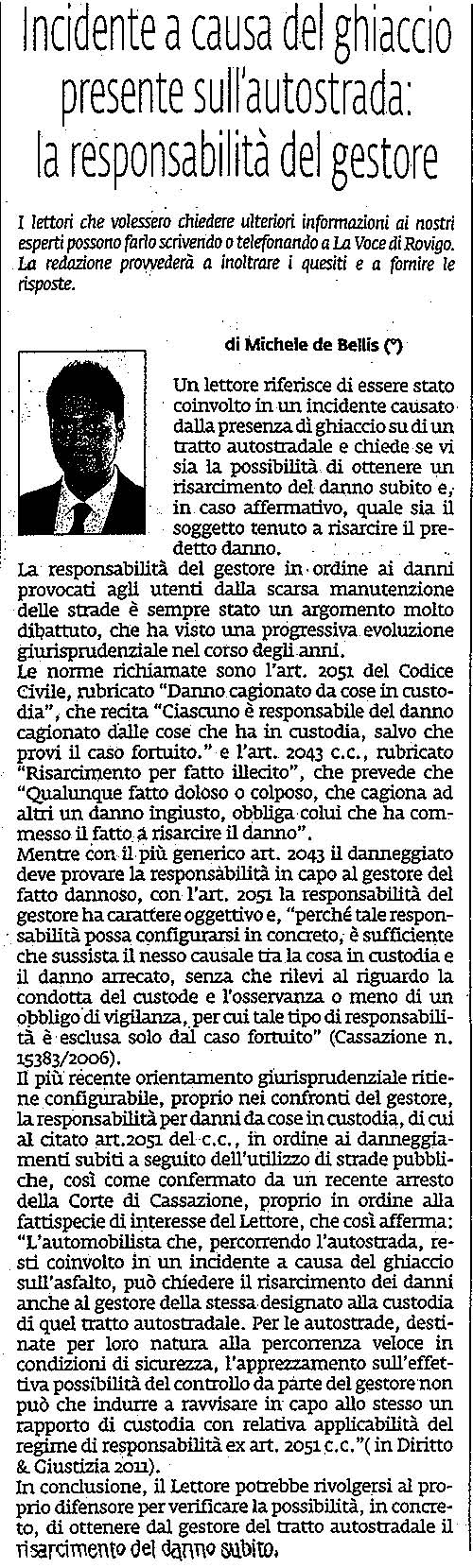 Incidente a causa del ghiaccio presente sull’autostrada: la responsabilità del gestore