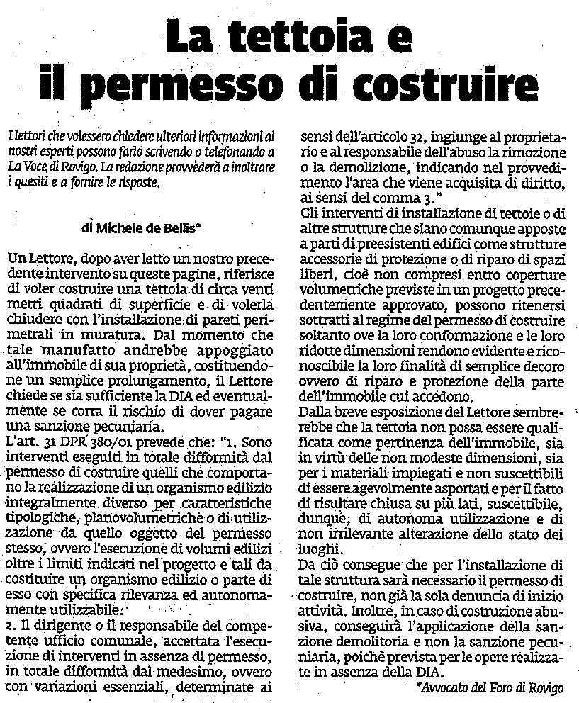 La tettoia e necessità del permesso di costruire