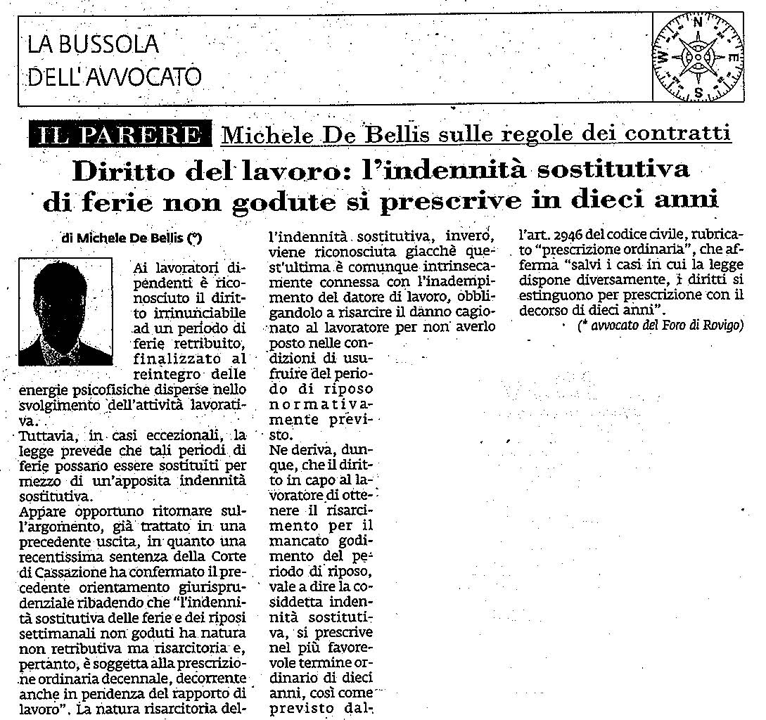 Diritto del lavoro: l’indennità sostitutiva di ferie non godute si prescrive in dieci anni